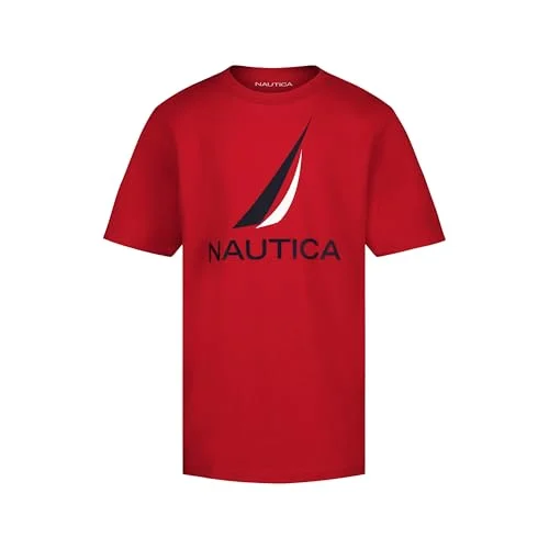 Nautica Boys' Short Sleeve J-Class Logo Crew Neck T-Shirt, Soft, Comfortable, Relaxed Fit, J-Class Carmine, 14-16
