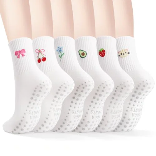 scenicamp Pilates Socks for Women, 6 Pairs Cute Non-Slip Socks with Embroidered Pattern Yoga Grip Gym Crew Socks Pilates Gifts for Barre Hospital Barefoot Workout