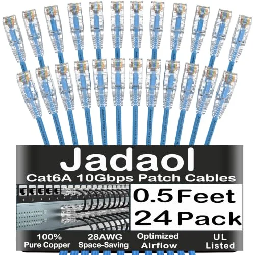 Jadaol [UL Listed] Cat6A Patch Cables 0.5ft (24 Pack), 10Gbps 550MHz Slim Cat 6A Ethernet Patch Cables, Snagless Cat6 Patch Cables for Patch Panel, Switch, Server Rack, Data Center - Blue