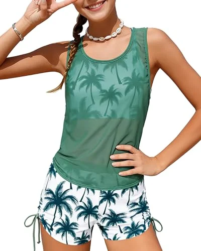 Ghteas Girls Swimsuits Set 3 Piece Padded Swim Suit Sleeveless Beach Pool Tween Swimwear 11-12 Years Green