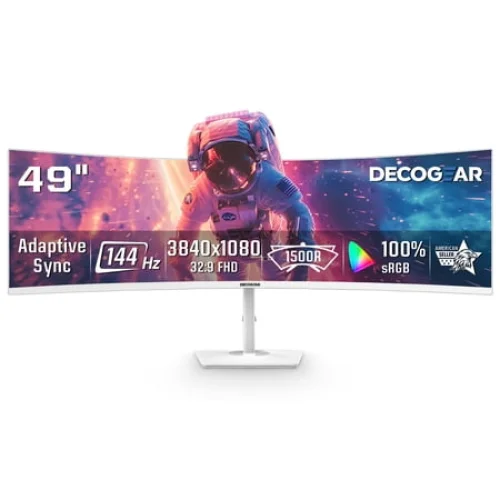 Deco Gear 49&rdquo; White Curved Ultrawide Monitor, 144Hz, HDR, 3840&times;1080, HDMI 2.0, DP 1.4, Gaming & Work