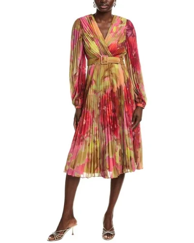 Badgley Mischka Pleated Floral Wrap Cocktail Dress Women's