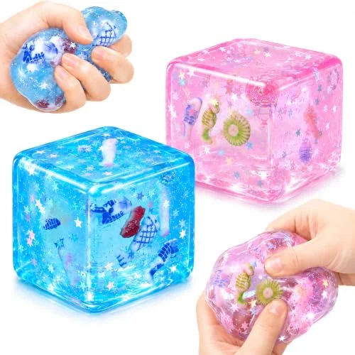 2Pc Ice Cube Squishy Stress Balls, Slow Rising Sensory Fidget Toy with Marine Shells Inside, Square Squeeze Balls for Anxiety Relief, Birthday Gifts, Party Favors, Classroom Prizes for Boys Girls