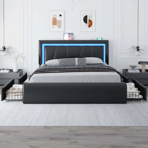 Full/Queen Bed Frame with  Upholstered LED Headboard＆4 Storage Drawer, Charging