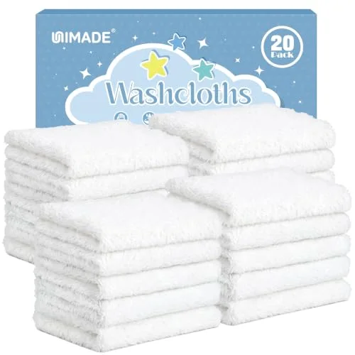 UNIMADE Baby Washcloths, 20 Pack Microfiber Coral Fleece Wash Cloths, Extra Absorbent Baby Towels for Newborns, Infants and Toddlers, Gentle on Sensitive Skin for Face and Body - 7" &times; 9", White
