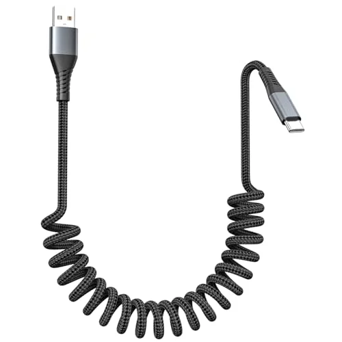 FOXSEA USB A to USB C Cable Coiled & Braided for iPhone 15-17 (1Pack, 1ft)