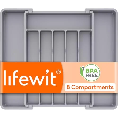 Lifewit Silverware Drawer Organizer, Expandable Utensil Tray for Kitchen, BPA Free Flatware and Cutlery Holder, Adjustable Plastic Storage for Spoons Forks Knives, 10.9"-17.5" x 13.7", Gray