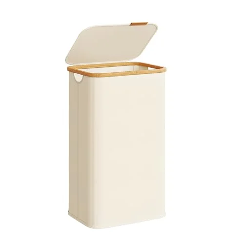 SONGMICS Laundry Hamper, Laundry Basket with Lid, Foldable Storage Basket, Bamboo Frame, for Bedroom, Living Room, Oxford Fabric, 26.4 Gal. (100 L), Cream White ULCB518WD01