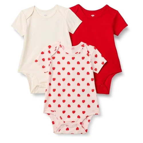 Amazon Essentials x Sofia Grainge Unisex Babies' Short Sleeve Crewneck Bodysuit, Pack of 3, Ivory/Red/Apple Hearts, 24 Months
