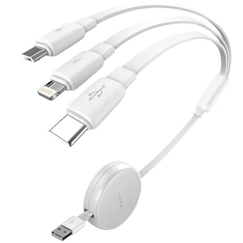 LISEN Multi Charging Cable, 3 in 1 Charging Cable, Retractable Car Charger with Type C/L/Micro USB Ports for iPhone 16 15 14 Pro Max/Samsung Galaxy S25/PS/Kindle, Multi Chargers for All Devices, White