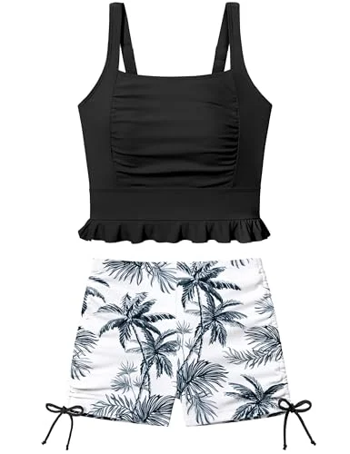 TALLWH Girls Bathing Suits Size 14-16 Adjustable Straps Ruched Ruffle Two Piece Girls Tankini Swimsuit with Bra Drawstring Floral Printed Shorts Set Bathing Suits for Teens Palm Black