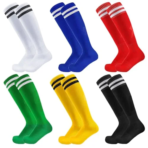 Looknniy 6 Pairs 9-12 Year-Old Kids Soccer Socks Stretchy Knee High Tube Football Athletic Team Socks for Boys Girls