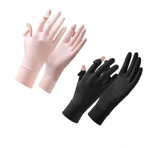 COLEDRE 2 Pairs Sun Protection Gloves for Women Driving Cycling Running Walking UV Gloves Full Finger Touchscreen Non Slip Breathable Summer Outdoor Gloves (Black+Pink)