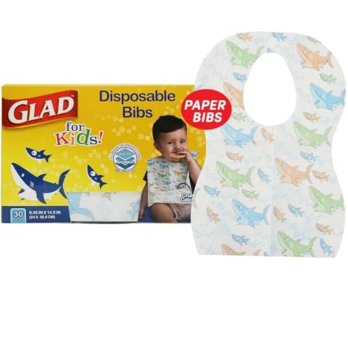Glad for Kids Shark Disposable Paper Bibs with Crumb Catcher, Absorbent Leakproof Bibs for Toddlers and Babies, Mess Free Feeding, Crafts, Parties, and Travel Use, 30 Count