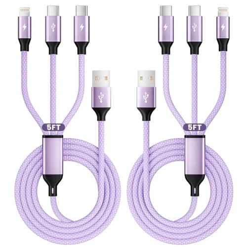 2Packs 4FT Multi Charging Cable with 2 USB-C/IP Port, Purple Charging Cords for Multiple Devices, USB C Splitter Cable, Universal Charger Cord Car Accessories for iPhone17-8, Androids iPad and More