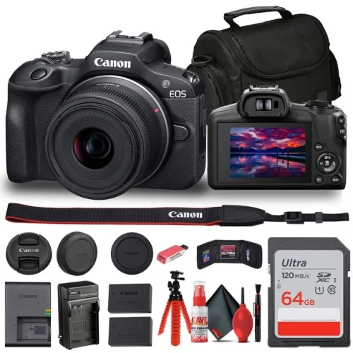 Canon EOS R100 Mirrorless Camera w/ 18-45mm Lens, Bag, 64GB Card, Battery + More