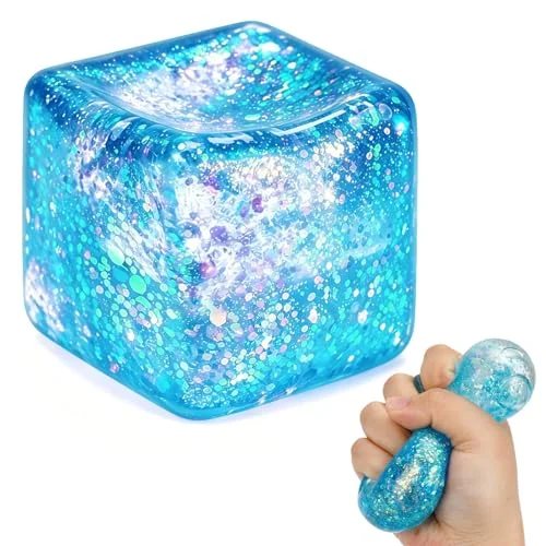 Glitter Ice Cube Squishy Fidget Toys, Squishy Cube Stress Balls for Adults & Kids, Slow Rising Stress Relief Toys, Squeeze Ball Filled with Thick Substance and Glitter (Blue)