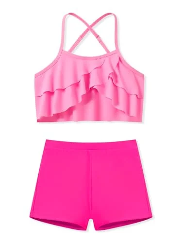 Yagudu Swimsuits for Teen Girls Crossback Ruffled Flounce Tankini Swimsuit with Swim Shorts Girls Swimsuits Size 14-16 Pink