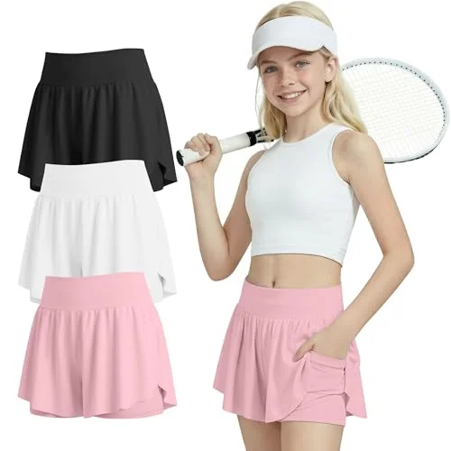 LessonZoo 3 Pack Girls Athletic Shorts Flowy 2 in 1 Skorts Quick Dry Tennis Shorts with Pockets, Back to School Sports Wear(Black, Light Pink, White,9-10 Years)