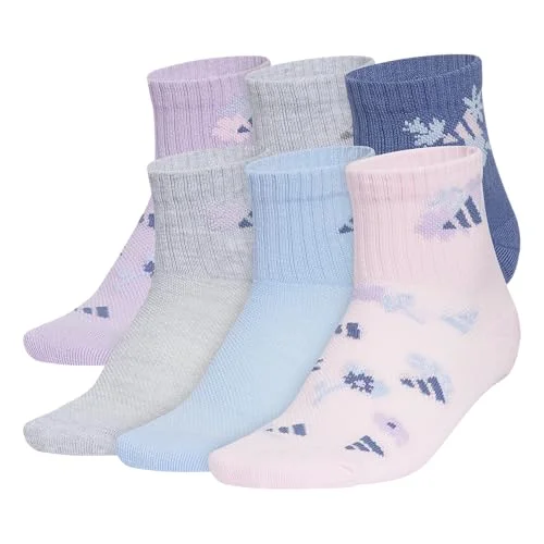 adidas Kids Cushioned Quarter Ankle Socks for Boys and Girls (6 Pairs) Durable & Comfortable, Powder Plum Purple/Glow Blue/Clear Pink/Girls/Graphic, M