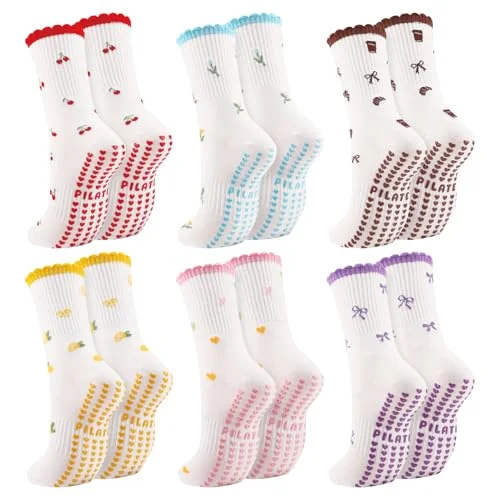 scenicamp 6 Pairs Cute Pilates Socks for Women, Red Brown Yellow Pink Blue