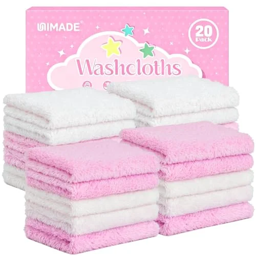 UNIMADE Baby Washcloths, 20 Pack Microfiber Coral Fleece Wash Cloths, Extra Absorbent Baby Towels for Newborns, Infants and Toddlers, Gentle on Sensitive Skin for Face and Body - 7" &times; 9", White&Pink