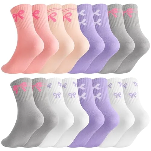 scenicamp 8 Pairs Girls Crew Socks, Back to School Cotton Socks for Kids, Breathable Athletic Dress Socks with Bow for School Uniform, Daily Wear & Casual Outfits 9-12 Years