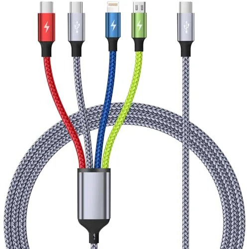 MPATIBY USB C Multi Charging Cable 1Pack 5FT, 4 in 1 Charging Cable Nylon Braided USB-C Multiple Charger Cord with Micro USB,IP Port and 2 Type C Adapter Port for IP 17/16 Series/Cell Phones and More