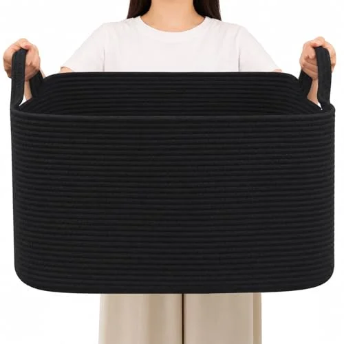 HZFTJOY 65L Collapsible Woven Rope Laundry Basket with Handles,Black