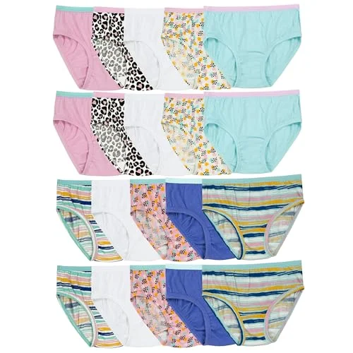 Fruit of the Loom Girls' Tag Free Cotton Brief Underwear Multipacks, Brief-20 Pack-White/Stripes/Animal Print, 10