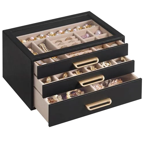SONGMICS Jewelry Box with Glass Window, 3-Layer Organizer