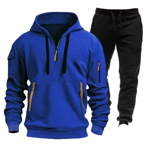 HYYGOCCTV Joggers Pants Quarter Zip Pullover Hoodies Mens Track Suits 2 Piece Set Workout Sets Gym Athletic Hooded Sweatsuit Men'S Clothing Sets 1/4 Zip Pullover Mens Sweatpants With Pockets Blue L