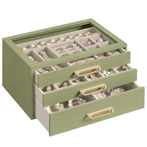 SONGMICS Jewelry Box with Glass Window, 3-Layer Organizer