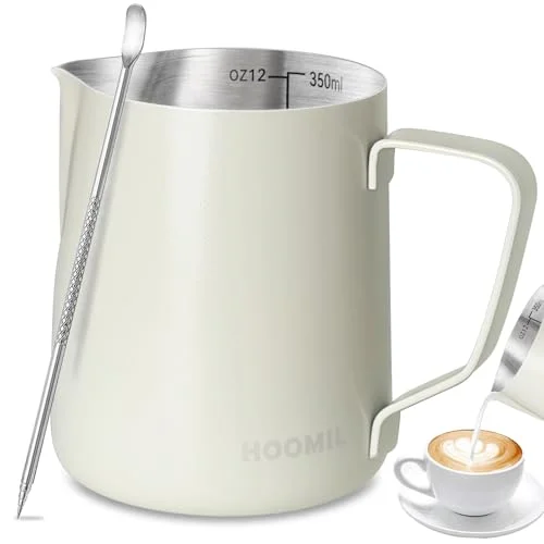 HOOMIL Milk Frothing Pitcher, 12oz/20oz/32oz Stainless Steel Steaming Pitcher Barista Milk Frother Cup Jug for Espresso Machine Coffee Cappuccino Latte Art - 12oz, Matte White