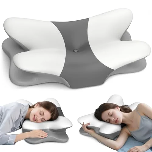 Cervical Pillow for Neck Pain Relief, Ergonomic Neck Pillow for Sleeping, Contour Pillow for Neck Support, Memory Foam Pillows for Side Back Stomach Sleepers (Off-White & Gray)