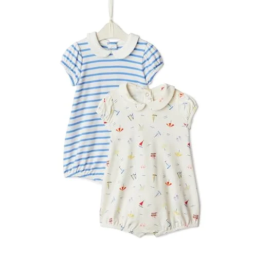 Amazon Essentials x Sofia Grainge Baby Girls' Cotton Short Sleeve Romper with Peter Pan Collar, Pack of 2, Sailboats/Uneven Stripe, 24 Months