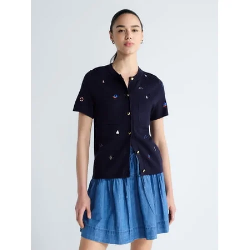 Free Assembly Women's and Women's Plus Embroidered Cardigan Sweater with Short Sleeves, Sizes XS-4X
