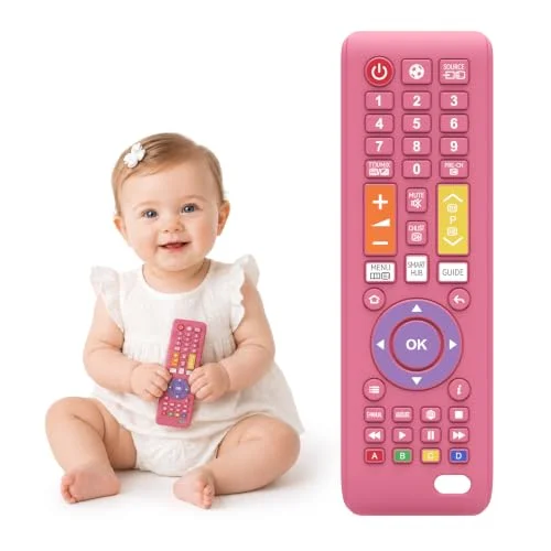 Pink Baby Remote Toys for 0-6, 6-12 Months Girls, Food Grade Silicone Teething Toys,Chew Toys for Babies 3-24 Months, Upgraded TV Remote Control Shape Teether Toys for Baby and Infants
