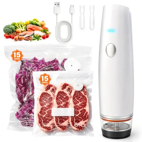 -80kPa Compact Vacuum Sealer for Food (Vacuum Sealer Machine + 30 Reusable Bags), 1200mAh Rechargeable Handheld Vacuum Sealer Machine Portable Mini Food Sealer for Sous Vide & Meal Prep-White