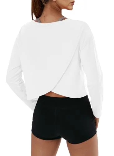 Alaroo Women's Long Sleeve Shirts Oversize Womens Crop Top Workout White M