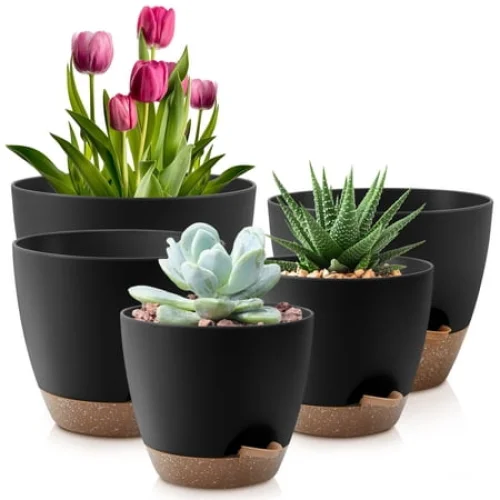 FOUKUS Set of 5 Self-Watering Plant Pots with Drainage &ndash; Eco-Friendly Plastic Planters for Indoor & Outdoor Use &ndash; Pots for Succulents, Cactus, Snake Plants (7", 6.5", 6", 5.5", 5") &ndash; Black