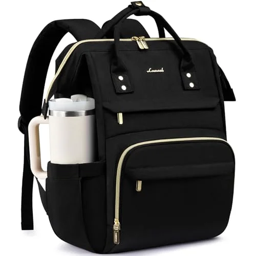 LOVEVOOK Laptop Backpack for Women with Giant Tumbler Holder Pocket,15.6 inch Waterproof Travel Backpack Purse Computer Laptop Bag,Professional Work College Nurse Teacher Backpack Casual Daypack,Black