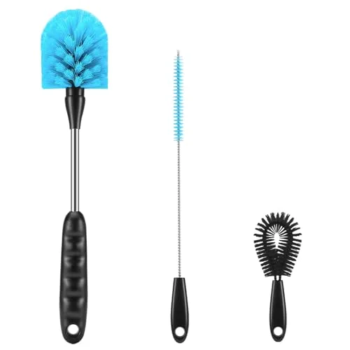 12.2 inch Bottle Brush Set of Three，Washable Coffee Cups, Water Bottles, Baby Bottles, Straws, to-go Cups, Long-Handled 3-in-1 Stainless Steel Bottle Brushes. (Black)