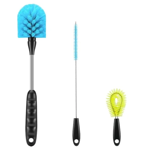12.2 inch Bottle Brush Set of Three，Washable Coffee Cups, Water Bottles, Baby Bottles, Straws, to-go Cups, Long-Handled 3-in-1 Stainless Steel Bottle Brushes. (Yellow)