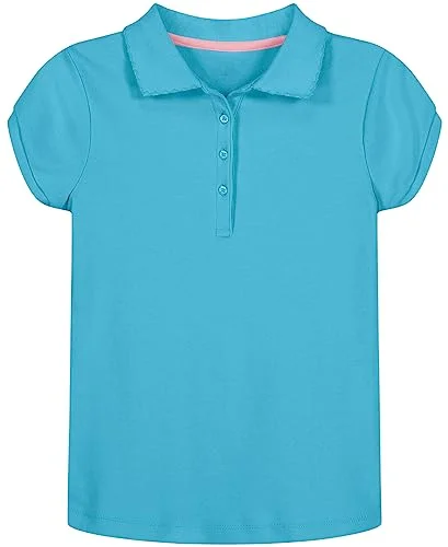 Nautica Girls' School Uniform Short Sleeve Polo Shirt, Button Closure, Soft Pique Fabric, Turquoise, 7