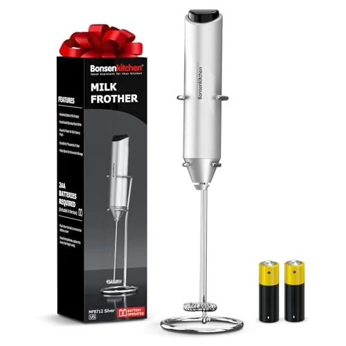 Bonsenkitchen Milk Frother with Stand for Coffee, Battery Operated Frother