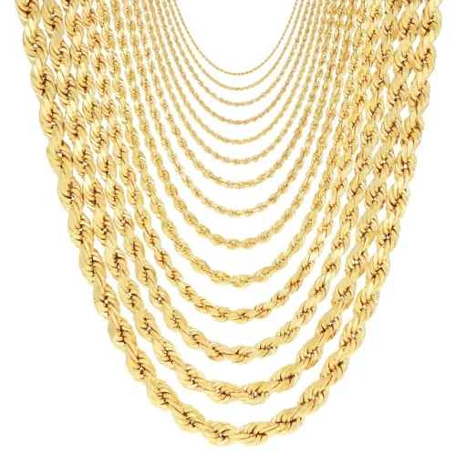 14K Yellow Gold Solid 1mm-10mm Rope Chain Diamond Cut Pendant Necklace 16"- 30"