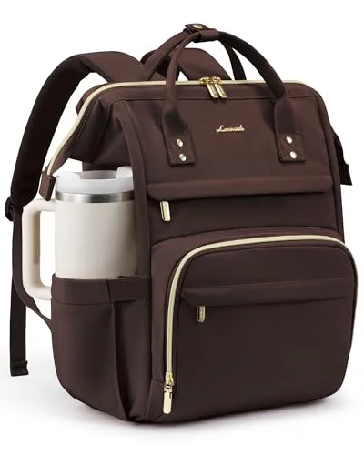LOVEVOOK Laptop Backpack for Women with Giant Tumbler Holder Pocket,15.6 inch Waterproof Travel Backpack Purse Computer Laptop Bag,Professional Work College Nurse Teacher Backpack Personal Item,Coffee