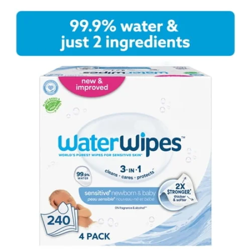 WaterWipes Sensitive Newborn & Baby Wipes, 99.9% Water, Unscented & Hypoallergenic, 240 Wipes