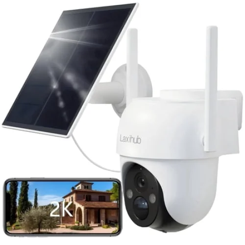 Laxihub 2K 3MP Solar Security 360&deg; View Camera Wireless Outdoor Cam IP65 Waterproof PIR Detection Color Night Vision 2.4GHz WiFi